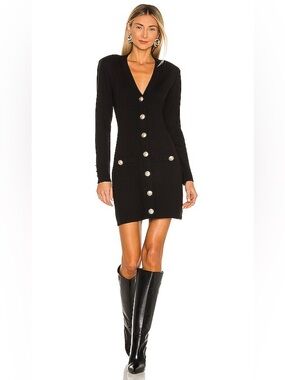NWT L’AGENCE Brenna V neck Mini Knit Dress Button-Front w/ Gold Buttons, Sz L